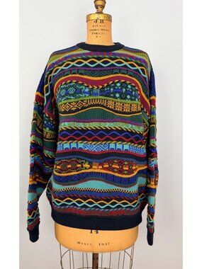 Vintage 90s Geccu Australia 3D Knit Merino Wool Sweater XL Coogi Style Colorful